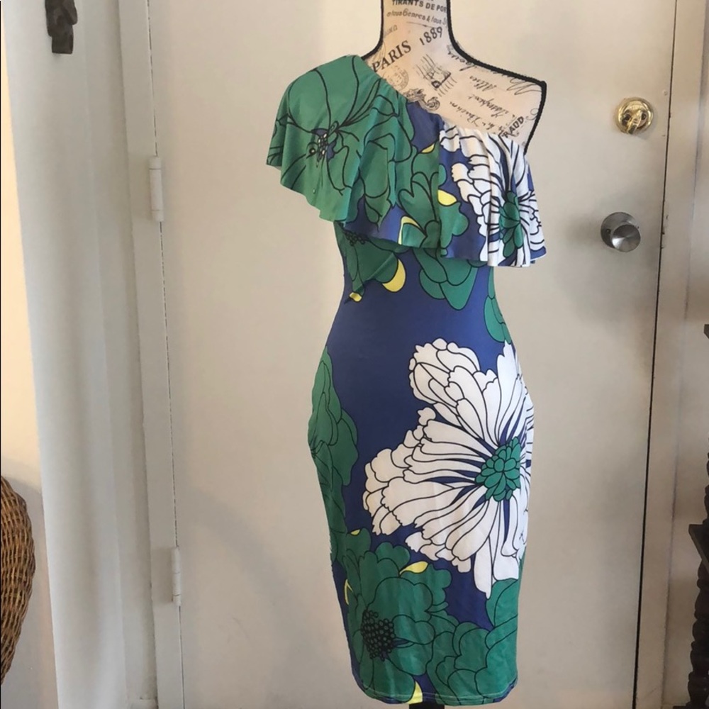 One shoulder Colorful flower midi dress